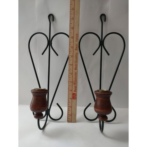 Heart Shaped Sconces (lot of 2) set Green Metal & Wood Candle Holder wall decor - Picture 3 of 9